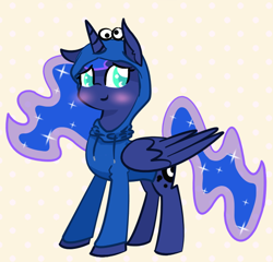 Size: 600x575 | Tagged: safe, artist:nyanpegasus, princess luna, alicorn, pony, clothes, cookie monster, cute, hoodie, lunabetes, simple background, solo