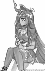 Size: 614x960 | Tagged: safe, artist:johnjoseco, queen chrysalis, human, clothes, cuffs (clothes), elf ears, grayscale, horned humanization, humanized, maid, monochrome, solo