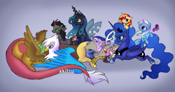 Size: 2159x1142 | Tagged: safe, artist:kkitsu, derpibooru import, diamond tiara, discord, gilda, king sombra, princess luna, queen chrysalis, sunset shimmer, trixie, alicorn, changeling, changeling queen, griffon, pony, antagonist