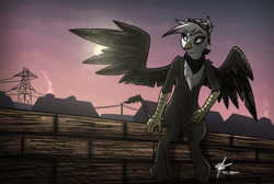 Size: 1280x861 | Tagged: safe, artist:slawomiro, derpibooru import, gilda, griffon, semi-anthro, goggles, neckerchief, power line, pylon, sitting, solo, spread wings, sun, wall