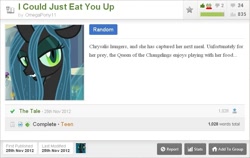 Size: 877x554 | Tagged: safe, screencap, queen chrysalis, changeling, changeling queen, fanfic, female, fimfiction, link, solo, text