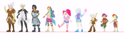 Size: 9587x2900 | Tagged: safe, artist:ereb-tauramandil, derpibooru import, gilda, giselle, irma, natalya, pinkie pie, rainbow dash, scootaloo, trixie, oc, oc:grizelda, oc:rainbow feather, human, alternate hairstyle, ask-radical-gilda, humanized, humanized oc, interspecies offspring, magical lesbian spawn, offspring, parent:gilda, parent:rainbow dash, parents:gildash, reference sheet