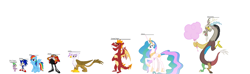 Size: 4900x1444 | Tagged: safe, artist:hedgehogninja94, derpibooru import, discord, garble, gilda, princess celestia, rainbow dash, spike, alicorn, dragon, griffon, pegasus, pony, crossover, doctor eggman, size chart, sonic the hedgehog, sonic the hedgehog (series)