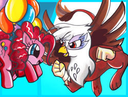 Size: 659x502 | Tagged: safe, artist:alia-star, derpibooru import, gilda, pinkie pie, earth pony, griffon, pony, balloon, flying, then watch her balloons lift her up to the sky