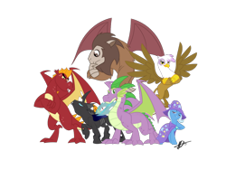 Size: 1024x768 | Tagged: safe, artist:jo-bac, derpibooru import, garble, gilda, scorpan, spike, trixie, changeling, dragon, griffon, pony, unicorn, female, mare, older, older spike, simple background, transparent background, wings