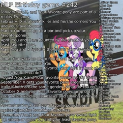 Size: 2000x2000 | Tagged: safe, apple bloom, applejack, derpy hooves, dinky hooves, fluttershy, pinkie pie, queen chrysalis, rainbow dash, rarity, scootaloo, sunset shimmer, sweetie belle, trixie, twilight sparkle, pegasus, pony, birthday game, cutie mark crusaders, exploitable meme, female, mane six, mare, pinkamena diane pie