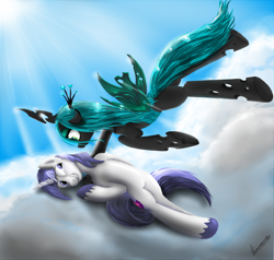 Size: 1000x950 | Tagged: safe, artist:konelozhtsev, queen chrysalis, shining armor, changeling, changeling queen, pony, unicorn, cloud, cloudy, female, flying, male, on back, shining chrysalis, shipping, straight