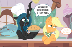 Size: 1224x806 | Tagged: safe, artist:deannaca, artist:joey darkmeat, applejack, queen chrysalis, changeling, changeling queen, earth pony, pony, baking, bandana, chef's hat, cooking, dialogue, hat, hatless, kitchen, missing accessory, pie, pun