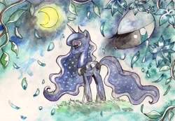 Size: 13724x9480 | Tagged: safe, artist:nightrosi, princess luna, alicorn, pony, absurd resolution, crying, leaves, moon, solo, traditional art