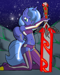 Size: 606x756 | Tagged: safe, artist:theburningdonut, princess luna, anthro, alicorn amulet, belly button, clothes, female, gloves, hair over one eye, long gloves, midriff, night, night sky, s1 luna, sky, solo, stars, sword