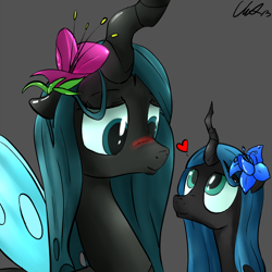 Size: 1000x1000 | Tagged: safe, artist:cs, queen chrysalis, oc, changeling, changeling queen, nymph, blushing, changeling oc, cute, cutealis, cuteling, duo, duo female, female, floppy ears, gray background, heart, heart's desire, mommy chrissy, mother, mother and child, mother and daughter, ocbetes, parent and child, poison joke, signature, simple background, smiling