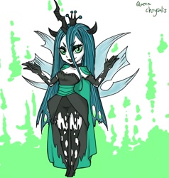 Size: 900x944 | Tagged: safe, artist:vicki8099, queen chrysalis, human, choker, clothes, eared humanization, evening gloves, horned humanization, humanized, pixiv, solo, torn clothes, winged humanization