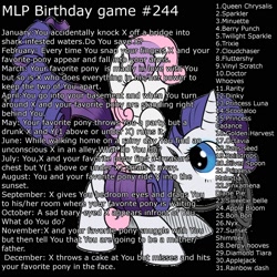 Size: 2000x2000 | Tagged: safe, applejack, derpy hooves, dinky hooves, fluttershy, pinkie pie, queen chrysalis, rainbow dash, rarity, sunset shimmer, sweetie belle, trixie, twilight sparkle, oc, oc:nyx, birthday game, exploitable meme, mane six, meme, pinkamena diane pie, text