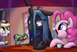 Size: 2856x1941 | Tagged: safe, artist:professor-ponyarity, derpy hooves, gummy, pinkie pie, queen chrysalis, changeling, changeling queen, earth pony, pegasus, pony, classy, eating, female, hat, mare, messy, monocle, table, tea party, top hat