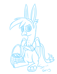 Size: 927x1200 | Tagged: safe, artist:saine grey, derpibooru import, gilda, griffon, bunny ears, crossed arms, easter, easter egg, monochrome, sketch, solo