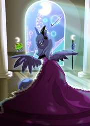 Size: 1467x2047 | Tagged: safe, artist:lunarcakez, princess luna, alicorn, pony, backlighting, clothes, dress, magic, s1 luna, solo, staff, stained glass, window