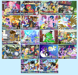 Size: 1024x986 | Tagged: safe, artist:pixelkitties, derpibooru import, idw, ahuizotl, babs seed, big macintosh, carrot cake, coco pommel, discord, doctor whooves, filthy rich, fluttershy, gilda, goldie delicious, mane-iac, nightmare rarity, pinkie pie, pound cake, princess celestia, pumpkin cake, radiance, rarity, sci-twi, seabreeze, silver shill, smooze, sonata dusk, spike, sunset shimmer, sweetie belle, twilight sparkle, twilight sparkle (alicorn), alicorn, breezie, dragon, earth pony, griffon, pegasus, pony, unicorn, spoiler:s05, andrea libman, autograph card, babscon, blues brothers, bobby curnow, brian drummond, brynna drummond, cathy weseluck, charlotte fullerton, claire corlett, crossover, crystal empire, daniel ingram, dragon ball z, exploitable meme, female, g.m. berrow, goku, heather nuhfer, ian james corlett, josh haber, littlest pet shop, mare, marÿke hendrikse, meme, natasha levinger, peter new, rebecca shoichet, russell ferguson, same voice actor, steffan andrews, sunil nevla, tara strong, teenage mutant ninja turtles, voice actor joke