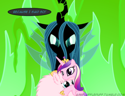 Size: 650x500 | Tagged: safe, artist:mixermike622, princess cadance, queen chrysalis, oc, oc:fluffle puff, alicorn, changeling, changeling queen, pony, tumblr, tumblr:ask fluffle puff