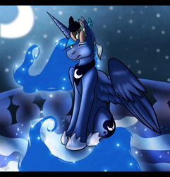 Size: 900x932 | Tagged: safe, artist:phenoxfire, princess luna, oc, oc:pandora sparkle, alicorn, pony, adopted offspring, alicorn oc, duo, female, filly, night, one eye closed, parent:twilight sparkle, pony hat