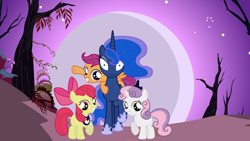 Size: 1600x900 | Tagged: safe, artist:php50, apple bloom, princess luna, scootaloo, sweetie belle, alicorn, pony, cutie mark crusaders, moon, moonlight, naughty, rapeface