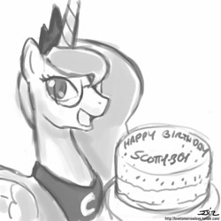 Size: 850x850 | Tagged: safe, artist:johnjoseco, princess luna, alicorn, pony, cake, glasses, grayscale, monochrome, solo