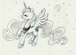 Size: 1280x921 | Tagged: safe, artist:nightrosi, princess luna, alicorn, pony, monochrome, moon, solo, stars, traditional art