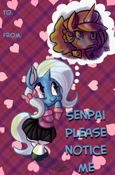 Size: 1841x2800 | Tagged: safe, artist:fauxsquared, princess luna, trixie, alicorn, pony, bipedal, blushing, clothes, cute, faux is gonna kill us all!!!, female, lesbian, luna-afterdark, luxie, scar, school uniform, schoolgirl, senpai, shipping, skirt, thought bubble, valentine