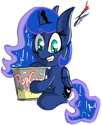 Size: 453x552 | Tagged: safe, artist:magical disaster, princess luna, alicorn, pony, popcorn, simple background, smiling, solo