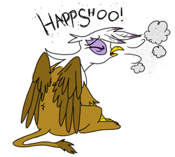 Size: 942x848 | Tagged: safe, artist:rainysunshine, derpibooru import, gilda, griffon, back, cute, gildadorable, simple background, sitting, sneezing, tail, transparent background, wings