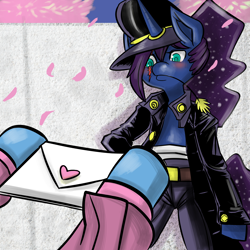 Size: 2800x2800 | Tagged: safe, artist:fauxsquared, princess luna, trixie, alicorn, pony, semi-anthro, bipedal, blushing, clothes, female, hat, heart, jacket, lesbian, letter, luna-afterdark, luxie, scar, shipping