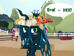 Size: 1032x774 | Tagged: safe, artist:slippytheweasel, queen chrysalis, changeling, changeling queen, applefarm, blushing, famous quote, fence, grand ol opry, hat, hee haw, howdy, minnie pearl, price tag, solo, tv show