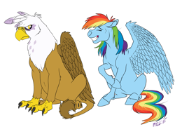 Size: 1113x851 | Tagged: safe, artist:carnivorouscaribou, derpibooru import, gilda, rainbow dash, griffon, pegasus, pony, bags under eyes, couple, embarrassed, female, gildash, grumpy, lesbian, magical lesbian spawn, offspring, pregnant, shipping, sweatdrop, tired