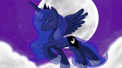 Size: 1366x768 | Tagged: safe, artist:springveil, princess luna, alicorn, pony, cloud, eyes closed, female, mare, moon, night, on a cloud, profile, raised hoof, solo