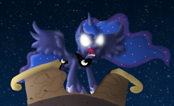 Size: 1712x1041 | Tagged: safe, artist:crosspone, artist:ponything, princess luna, alicorn, pony, glowing eyes, scene interpretation, solo