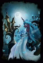 Size: 2550x3737 | Tagged: safe, artist:artist-apprentice587, queen chrysalis, anthro, butterfly, changeling, changeling queen, bouquet, clothes, corpse bride, dress, flower, mare in the moon, moon, solo, the corpse bride, tim burton, wedding dress