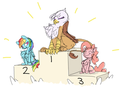 Size: 1280x933 | Tagged: safe, artist:nobody, derpibooru import, gilda, pinkie pie, rainbow dash, earth pony, griffon, pegasus, pony, behaving like a bird, birds doing bird things, catbird, chest fluff, eyes closed, griffons doing bird things, podium, sitting, sketch, smiling