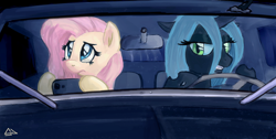 Size: 900x452 | Tagged: safe, artist:sevoohypred, fluttershy, queen chrysalis, changeling, changeling queen, pegasus, pony, car, cellphone, driving, horn impalement, night, phone