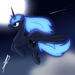 Size: 3000x3000 | Tagged: safe, artist:djp15, princess luna, alicorn, pony, flying, missing accessory, moon, night, solo