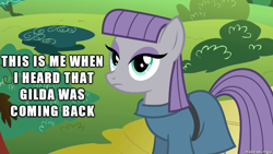 Size: 610x343 | Tagged: safe, derpibooru import, edit, edited screencap, screencap, gilda, maud pie, griffon, pony, the lost treasure of griffonstone, female, image macro, mare, meme, not impressed, reaction image