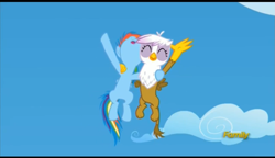 Size: 977x561 | Tagged: safe, derpibooru import, screencap, gilda, rainbow dash, griffon, pegasus, pony, the lost treasure of griffonstone, cheering, chickub, cub, cute, dashabetes, duo, eyes closed, filly, flying, foal, gildadorable, hug, junior speedsters chant, smiling, young