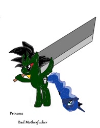 Size: 572x728 | Tagged: artist needed, safe, princess luna, oc, oc:princess bad motherfucker, alicorn, pony, /mlp/, augmented tail, buster sword, luna tail, ms paint, sword, weapon