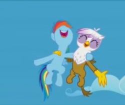 Size: 616x519 | Tagged: safe, derpibooru import, screencap, gilda, rainbow dash, griffon, pegasus, pony, season 5, the lost treasure of griffonstone, chickub, cropped, cute, duo, female, filly, foal, gildadorable, junior speedsters chant, li'l gilda