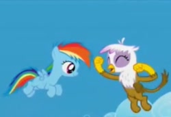 Size: 651x444 | Tagged: safe, derpibooru import, screencap, gilda, rainbow dash, griffon, pegasus, pony, season 5, the lost treasure of griffonstone, blurry, chickub, cropped, cute, duo, female, filly, foal, gildadorable, junior speedsters chant, low quality