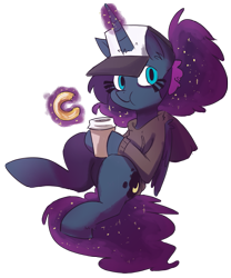 Size: 879x1056 | Tagged: safe, artist:herny, princess luna, alicorn, pony, clothes, coffee, donut, eating, food, hat, luna-afterdark, magic, simple background, solo, sweater
