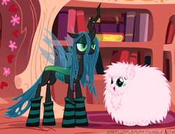 Size: 650x500 | Tagged: safe, artist:mixermike622, queen chrysalis, oc, oc:fluffle puff, changeling, changeling queen, clothes, socks, striped socks, tumblr:ask fluffle puff