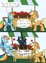 Size: 700x964 | Tagged: safe, artist:goat train, applejack, queen chrysalis, rainbow dash, changeling, changeling queen, earth pony, pegasus, pony, apple, cart, comic, dialogue, pile, surprised, working