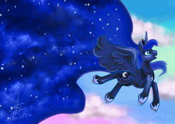 Size: 595x421 | Tagged: safe, artist:chirpy-chi, princess luna, alicorn, pony, cloud, female, flying, mare, signature, solo