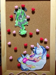 Size: 960x1280 | Tagged: safe, artist:naoki, princess cadance, queen chrysalis, shining armor, alicorn, changeling, changeling queen, pony, unicorn, corkboard, female, male, mare, paper child, photo, stallion, traditional art