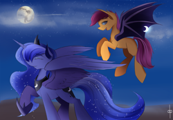 Size: 1280x893 | Tagged: safe, artist:dream-phoenix, princess luna, scootaloo, bat pony, pony, bat ponified, moon, scootabat, student of the night