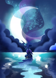 Size: 2550x3501 | Tagged: safe, artist:artist-apprentice587, princess luna, alicorn, pony, cloud, ethereal mane, eyes closed, female, folded wings, horn, moon, night, reflection, sad, sitting, solo, stars, water, wings